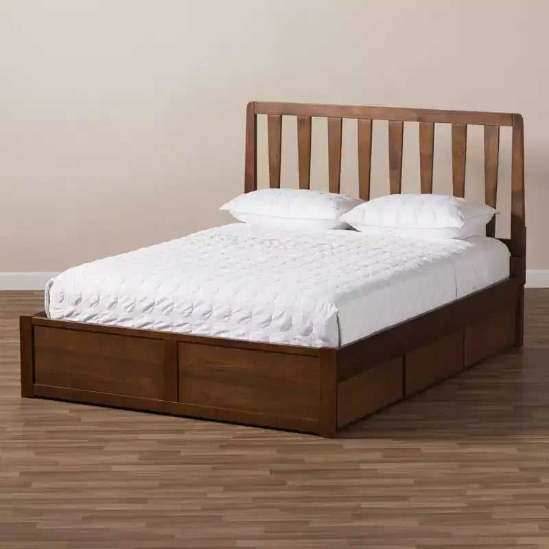 Lit plateforme moderne et contemporain Queen Raurey en noyer avec rangement : Marron, bois massif, rangement sous le lit, pas besoin de sommier tapissier