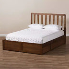Lit plateforme moderne et contemporain Queen Raurey en noyer avec rangement : Marron, bois massif, rangement sous le lit, pas besoin de sommier tapissier