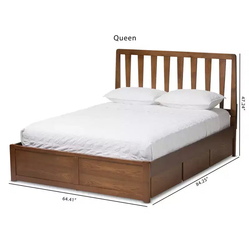 Lit plateforme moderne et contemporain Queen Raurey en noyer avec rangement : Marron, bois massif, rangement sous le lit, pas besoin de sommier tapissier