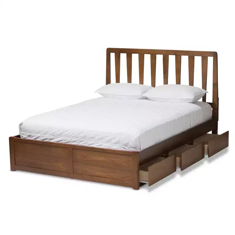 Lit plateforme moderne et contemporain Queen Raurey en noyer avec rangement : Marron, bois massif, rangement sous le lit, pas besoin de sommier tapissier