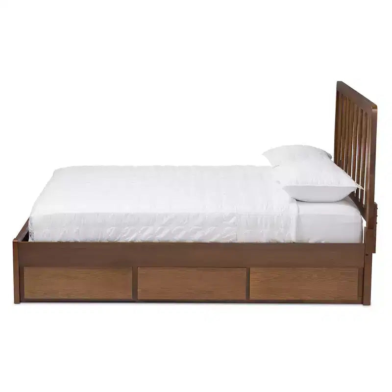 Lit plateforme moderne et contemporain Queen Raurey en noyer avec rangement : Marron, bois massif, rangement sous le lit, pas besoin de sommier tapissier