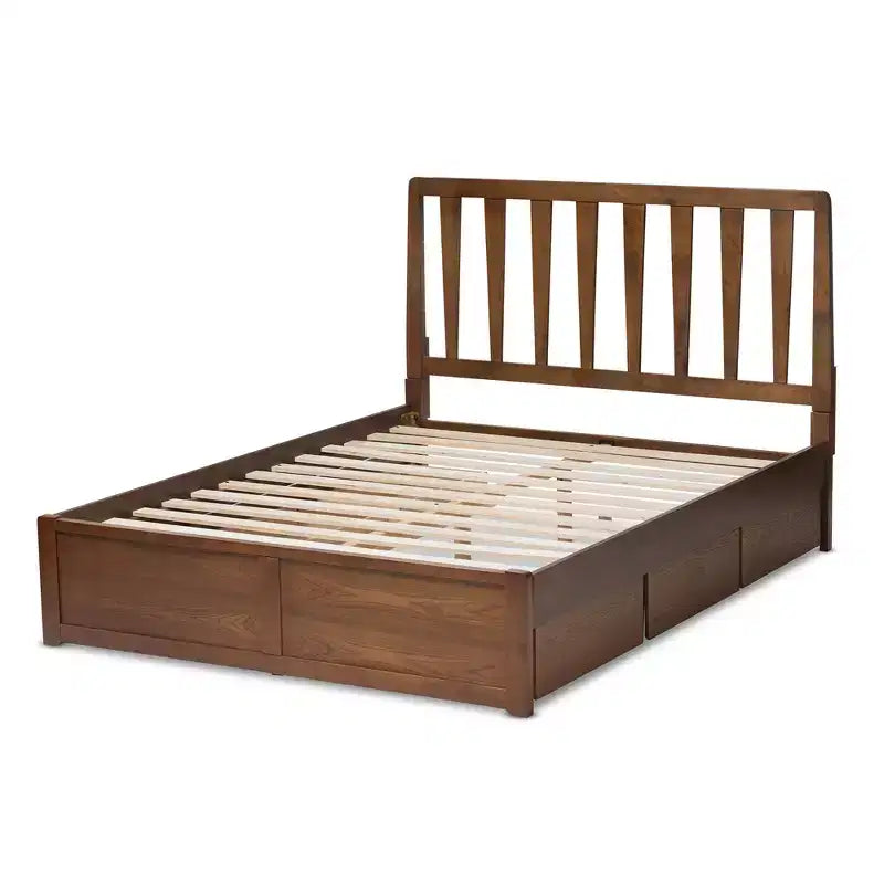 Lit plateforme moderne et contemporain Queen Raurey en noyer avec rangement : Marron, bois massif, rangement sous le lit, pas besoin de sommier tapissier