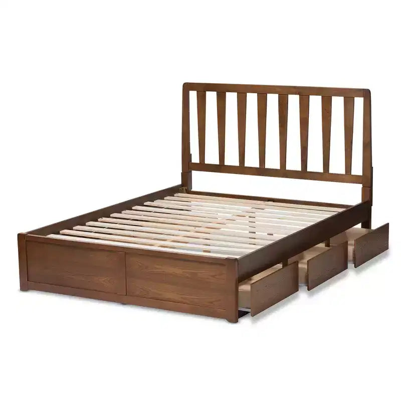 Lit plateforme moderne et contemporain Queen Raurey en noyer avec rangement : Marron, bois massif, rangement sous le lit, pas besoin de sommier tapissier