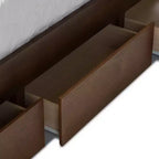 Lit plateforme moderne et contemporain Queen Raurey en noyer avec rangement : Marron, bois massif, rangement sous le lit, pas besoin de sommier tapissier