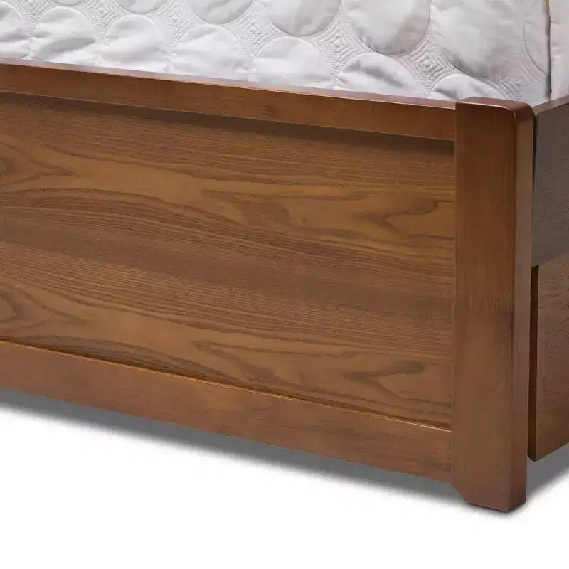 Lit plateforme moderne et contemporain Queen Raurey en noyer avec rangement : Marron, bois massif, rangement sous le lit, pas besoin de sommier tapissier