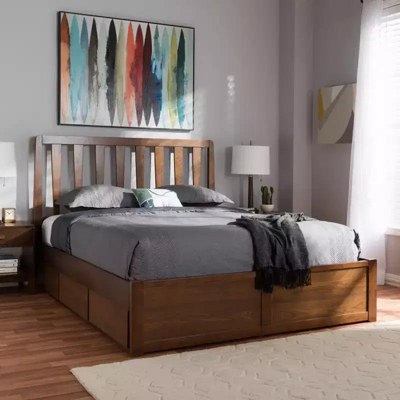 Lit plateforme moderne et contemporain Queen Raurey en noyer avec rangement : Marron, bois massif, rangement sous le lit, pas besoin de sommier tapissier