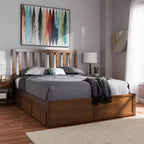 Lit plateforme moderne et contemporain Queen Raurey en noyer avec rangement : Marron, bois massif, rangement sous le lit, pas besoin de sommier tapissier
