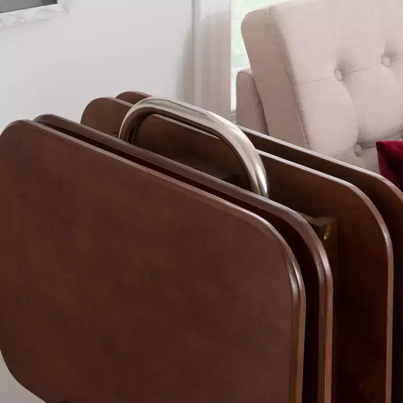 Tables d'appoint pliantes Grant de 5 pièces pour télévision en cerisier foncé/chrome - Powell : lot de 4 avec support, finition en bois MDF