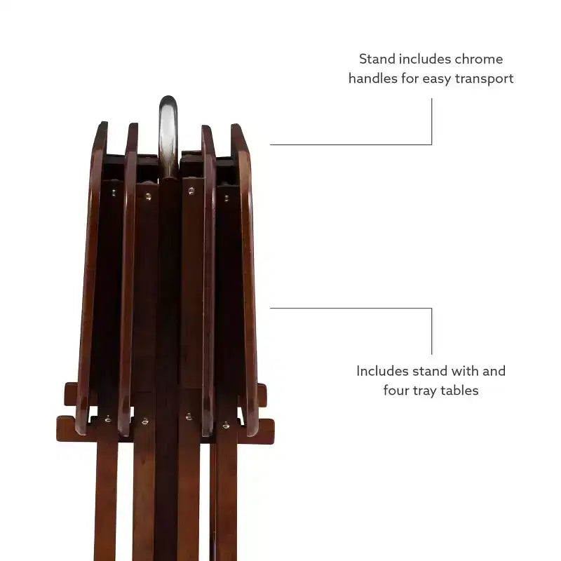 Tables d'appoint pliantes Grant de 5 pièces pour télévision en cerisier foncé/chrome - Powell : lot de 4 avec support, finition en bois MDF