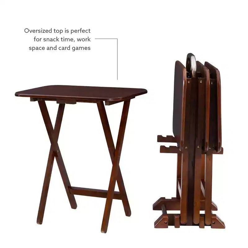 Tables d'appoint pliantes Grant de 5 pièces pour télévision en cerisier foncé/chrome - Powell : lot de 4 avec support, finition en bois MDF