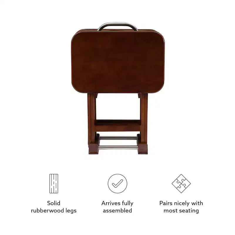 Tables d'appoint pliantes Grant de 5 pièces pour télévision en cerisier foncé/chrome - Powell : lot de 4 avec support, finition en bois MDF