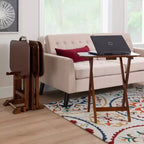 Tables d'appoint pliantes Grant de 5 pièces pour télévision en cerisier foncé/chrome - Powell : lot de 4 avec support, finition en bois MDF