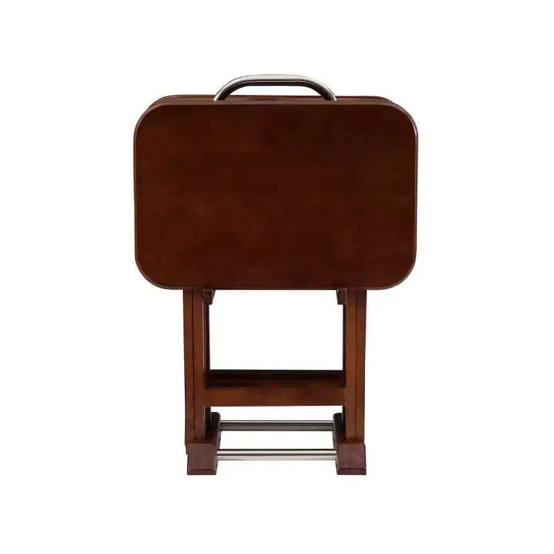 Tables d'appoint pliantes Grant de 5 pièces pour télévision en cerisier foncé/chrome - Powell : lot de 4 avec support, finition en bois MDF