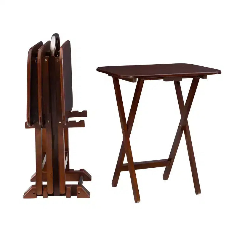 Tables d'appoint pliantes Grant de 5 pièces pour télévision en cerisier foncé/chrome - Powell : lot de 4 avec support, finition en bois MDF