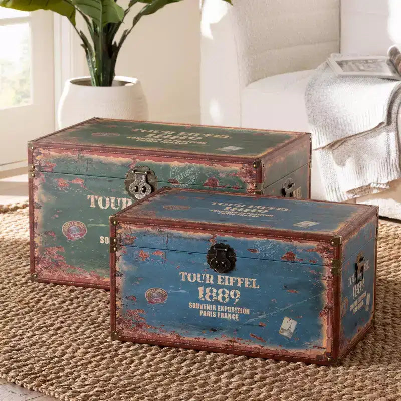 Baxton Studio – Lot de 2 malles de rangement Sabeen en similicuir et bois vert/bleu