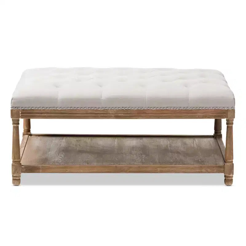 Carlotta French Country chêne vieilli lin rectangulaire table basse ottoman beige – Baxton Studio : design capitonné élégant, étagère de rangement