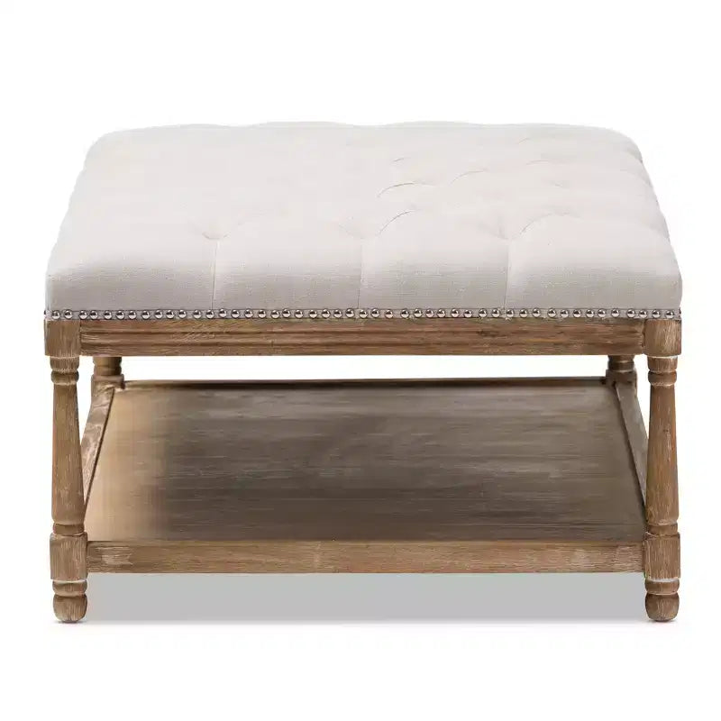 Carlotta French Country chêne vieilli lin rectangulaire table basse ottoman beige – Baxton Studio : design capitonné élégant, étagère de rangement