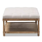 Carlotta French Country chêne vieilli lin rectangulaire table basse ottoman beige – Baxton Studio : design capitonné élégant, étagère de rangement