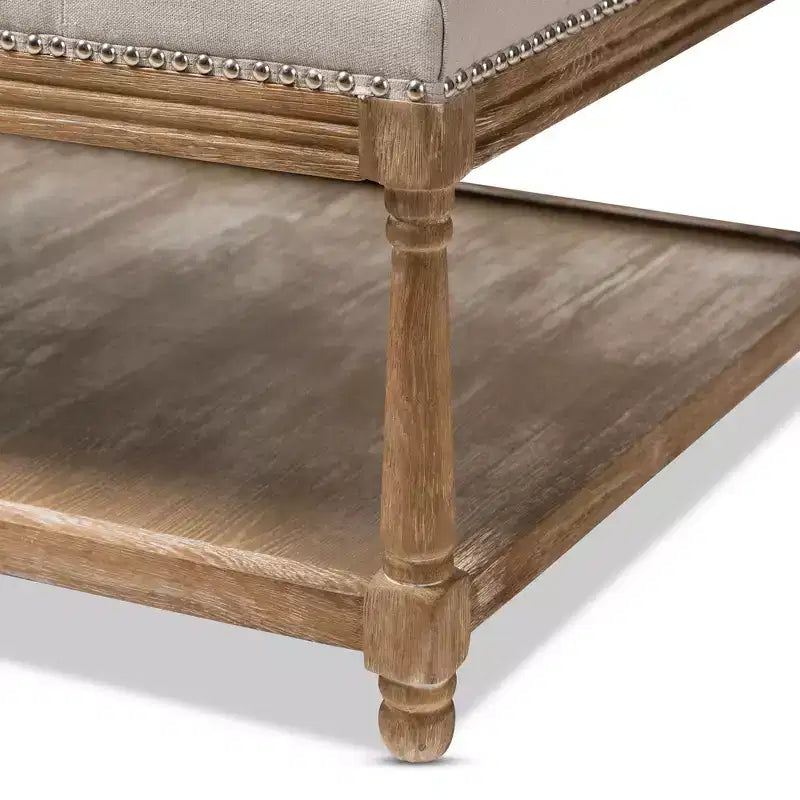 Carlotta French Country chêne vieilli lin rectangulaire table basse ottoman beige – Baxton Studio : design capitonné élégant, étagère de rangement