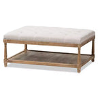 Carlotta French Country chêne vieilli lin rectangulaire table basse ottoman beige – Baxton Studio : design capitonné élégant, étagère de rangement