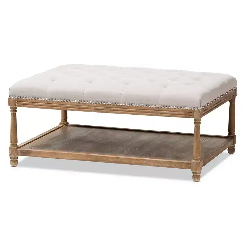 Carlotta French Country chêne vieilli lin rectangulaire table basse ottoman beige – Baxton Studio : design capitonné élégant, étagère de rangement