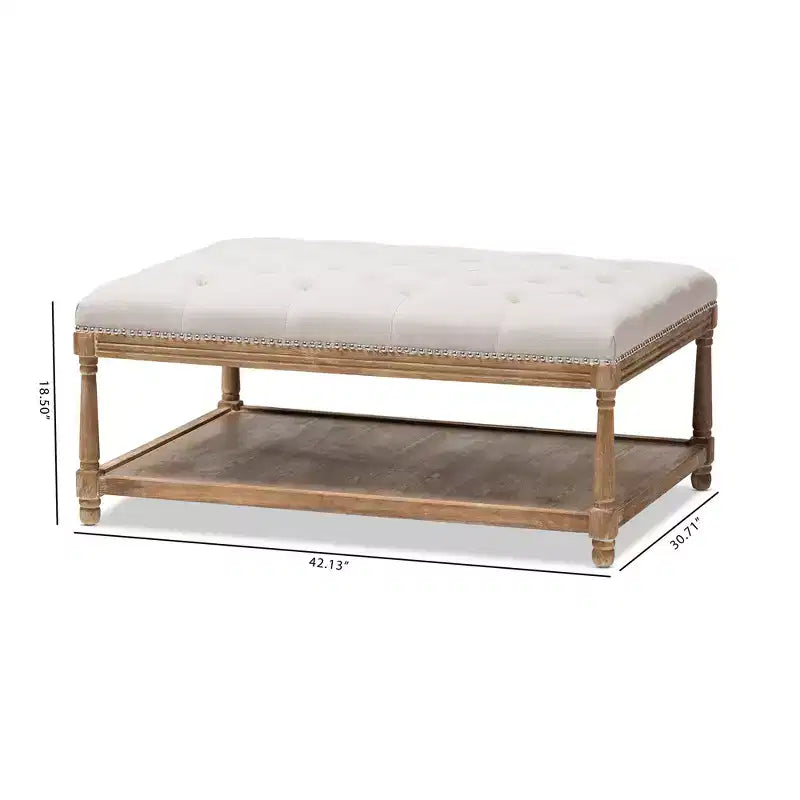 Carlotta French Country chêne vieilli lin rectangulaire table basse ottoman beige – Baxton Studio : design capitonné élégant, étagère de rangement