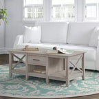 Table basse Key West avec rangement - Bush Furniture : poignées en bronze vieilli, compartiments ouverts