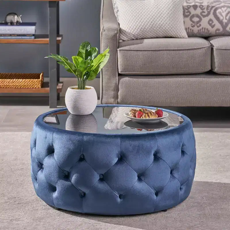 Table basse Chana Glam Ottoman bleue - Christopher Knight Home : Velours, verre trempé, mobilier de salon de luxe