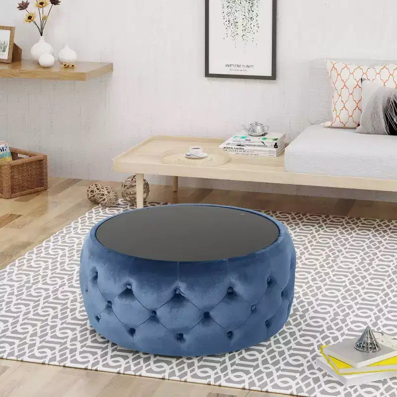 Table basse Chana Glam Ottoman bleue - Christopher Knight Home : Velours, verre trempé, mobilier de salon de luxe