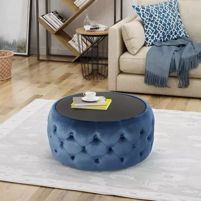 Table basse Chana Glam Ottoman bleue - Christopher Knight Home : Velours, verre trempé, mobilier de salon de luxe