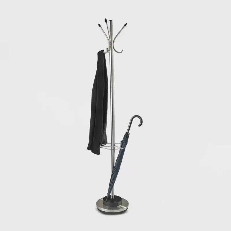 Porte-parapluies et porte-manteaux en acier - Adesso : 6 crochets, structure métallique, 175 cm de haut, bac de récupération d'eau