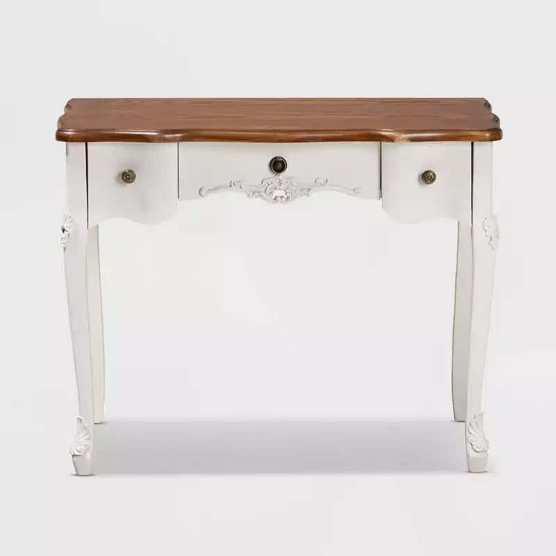 Console Sophie Small 3 tiroirs : Détail sculpté, Boutons en laiton - Baxton Studio