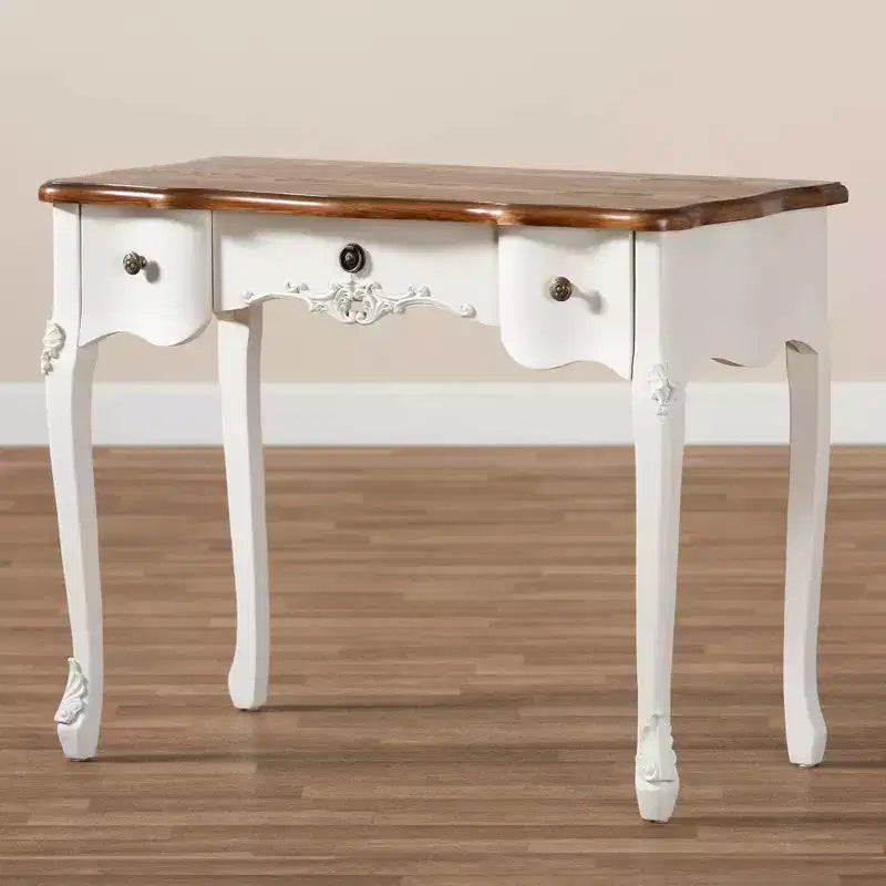 Console Sophie Small 3 tiroirs : Détail sculpté, Boutons en laiton - Baxton Studio