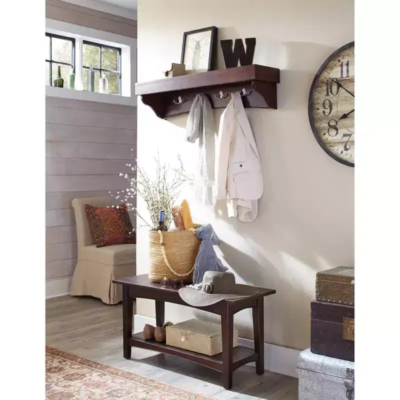 Alaterre Furniture Shaker Cottage Étagère à Plateau Porte-Manteau avec Banc Espresso : Organisateur d'Entrée, Arbre d'Appoint en Bois