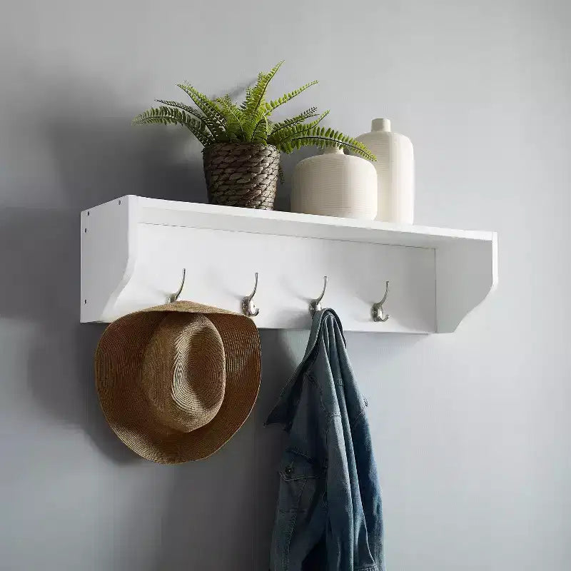 Étagère d'entrée Harper blanche - Crosley : style côtier, 4 crochets en métal, placage de bois, cadre en MDF