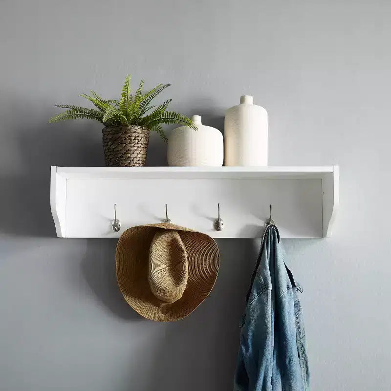 Étagère d'entrée Harper blanche - Crosley : style côtier, 4 crochets en métal, placage de bois, cadre en MDF