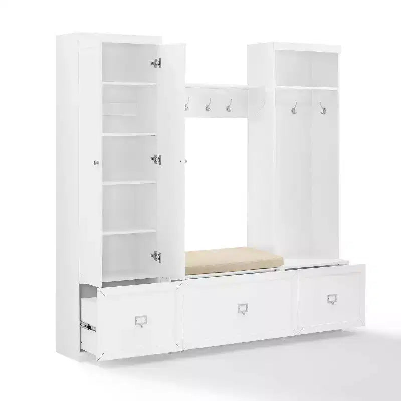 Ensemble d'entrée Harper 4 pièces avec banc, étagère, portemanteau et garde-manger blanc - Crosley