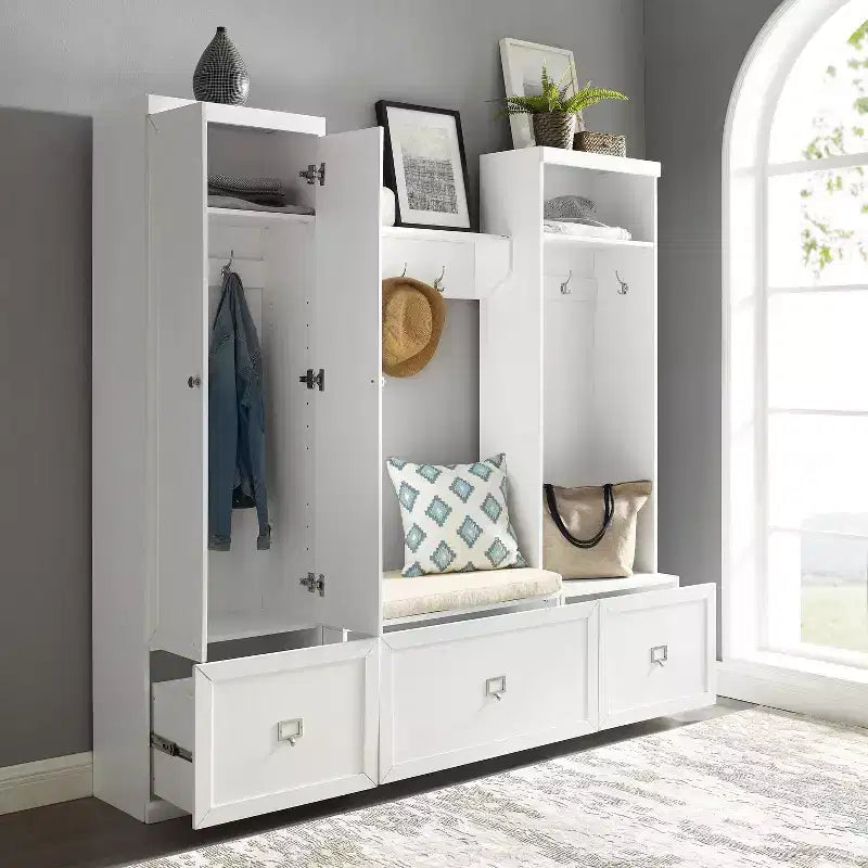 Ensemble d'entrée Harper 4 pièces avec banc, étagère, portemanteau et garde-manger blanc - Crosley