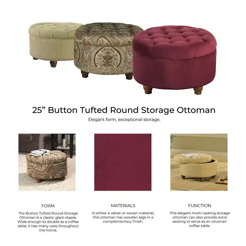 Grand pouf de rangement rond touffeté - HomePop