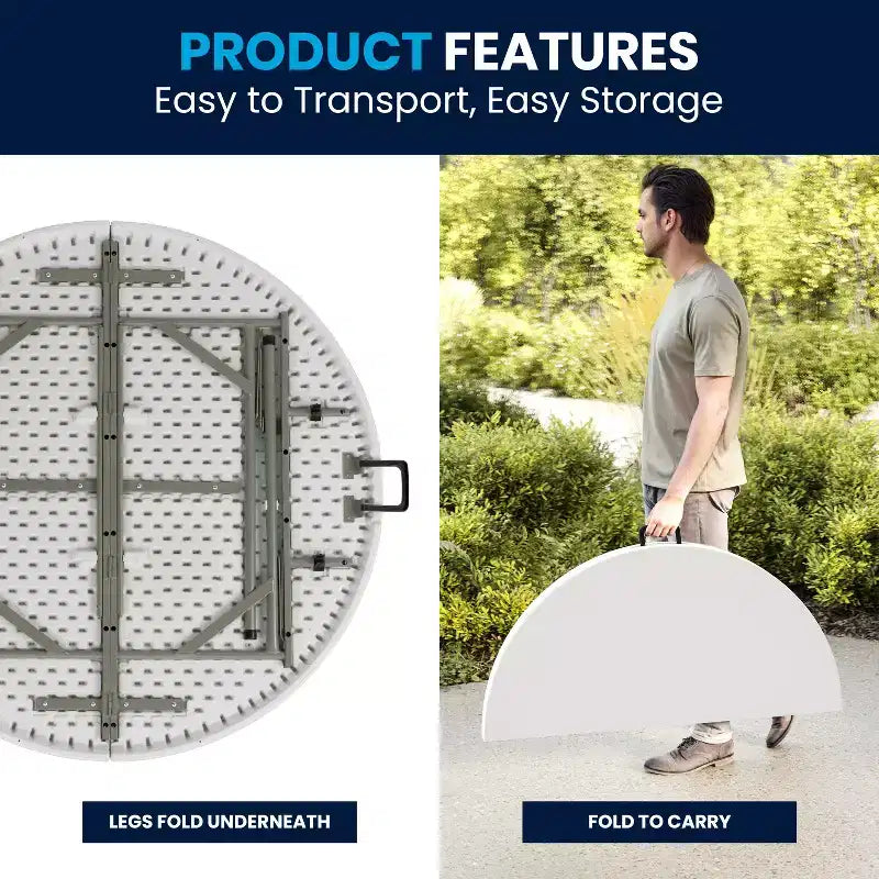 Table pliante de banquet et d'événement Flash Furniture Freeman ronde de 4 pieds en plastique blanc granit avec poignée de transport