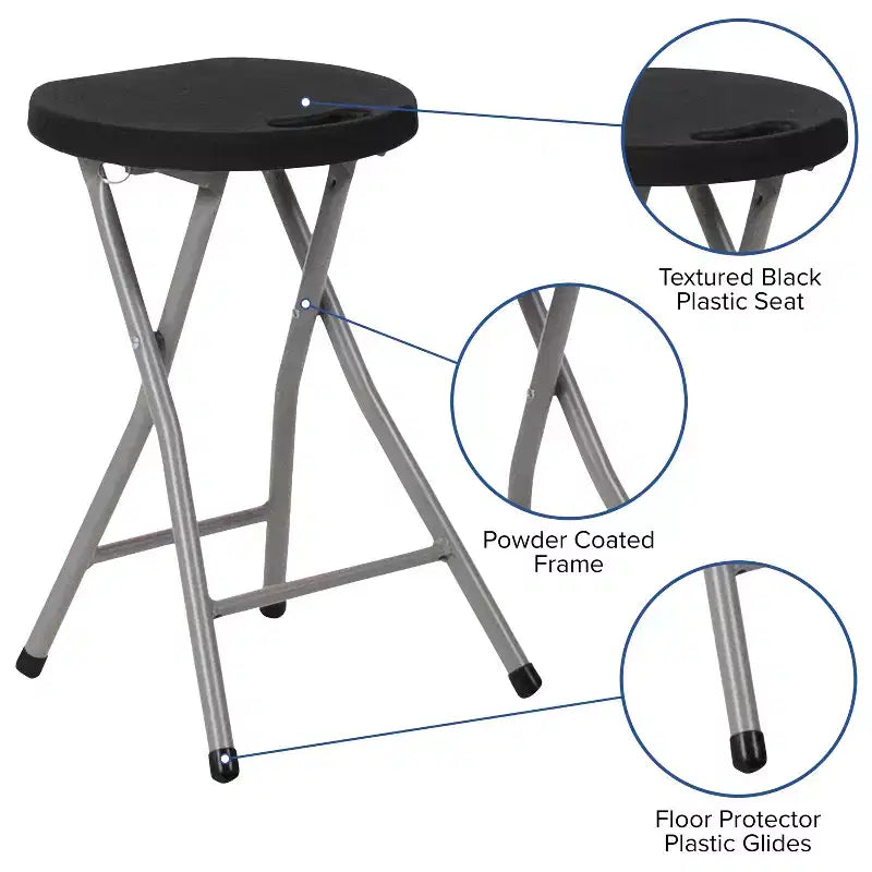 Tabouret pliant Flash Furniture avec assise en plastique noir et structure gris titane