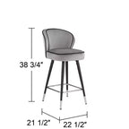 Tabouret de bar Studio 55D Elba en métal chromé noir argent 70,5 cm de haut, rembourrage moderne en velours gris pour îlot de cuisine, comptoir, abri de jardin
