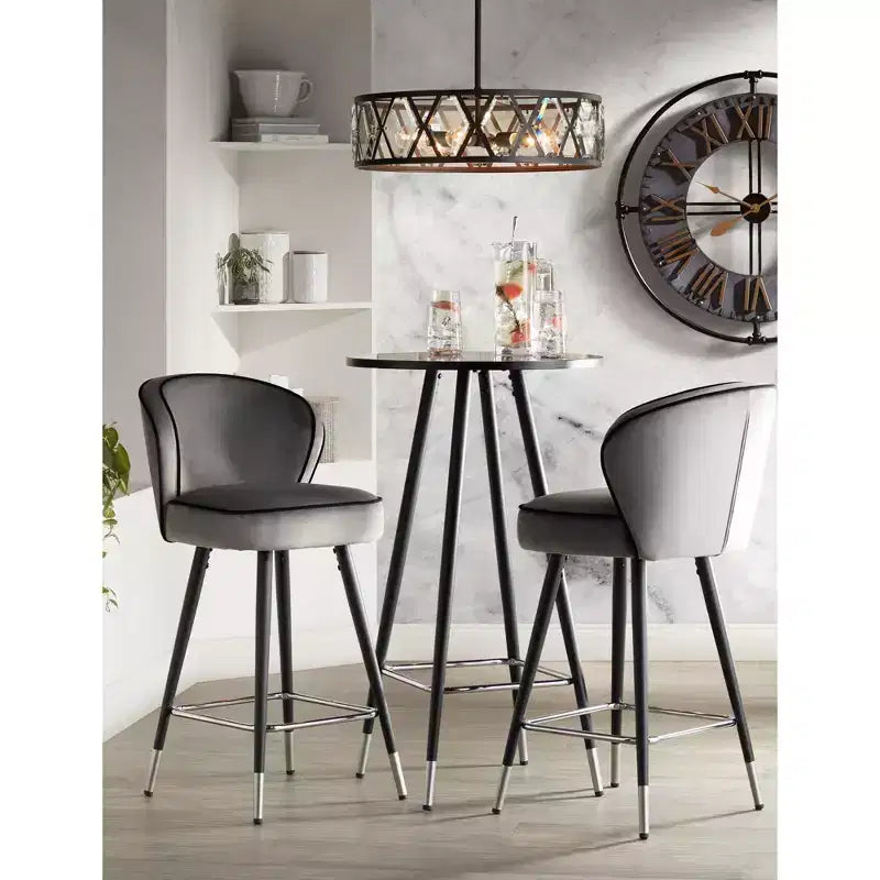 Tabouret de bar Studio 55D Elba en métal chromé noir argent 70,5 cm de haut, rembourrage moderne en velours gris pour îlot de cuisine, comptoir, abri de jardin