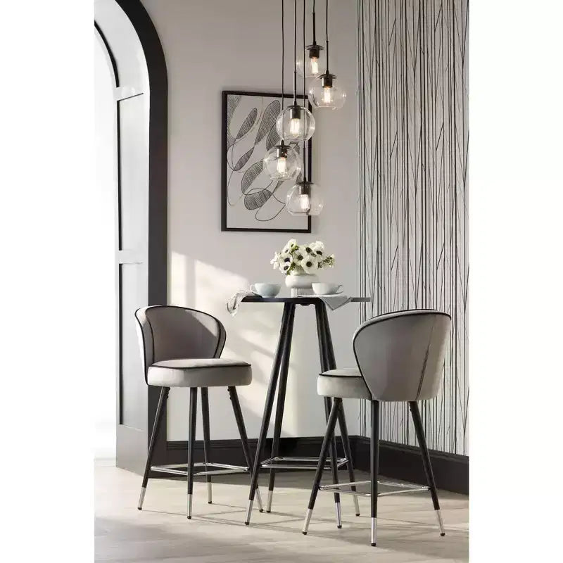 Tabouret de bar Studio 55D Elba en métal chromé noir argent 70,5 cm de haut, rembourrage moderne en velours gris pour îlot de cuisine, comptoir, abri de jardin