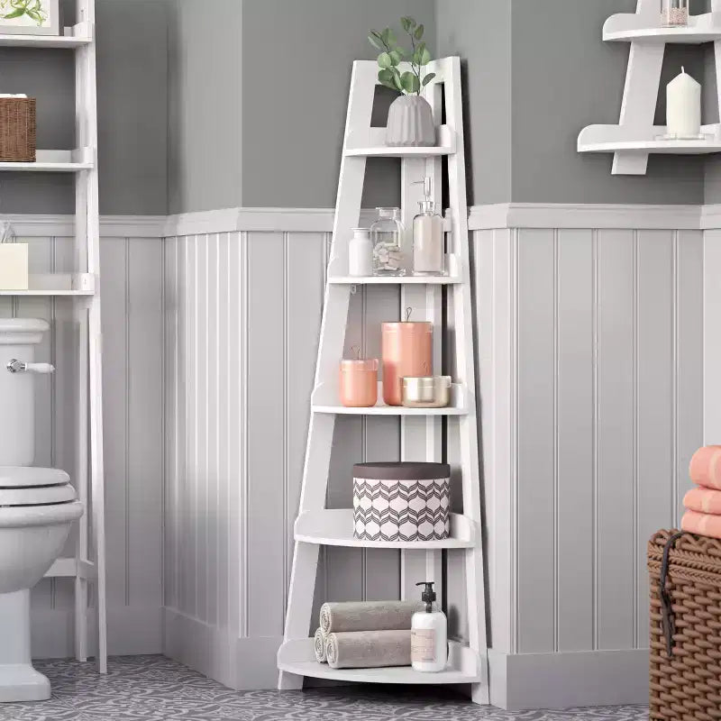 Étagère d'angle haute à 5 niveaux Amery avec étagère de présentation et rangement d'angle pour salle de bain, salon, bureau