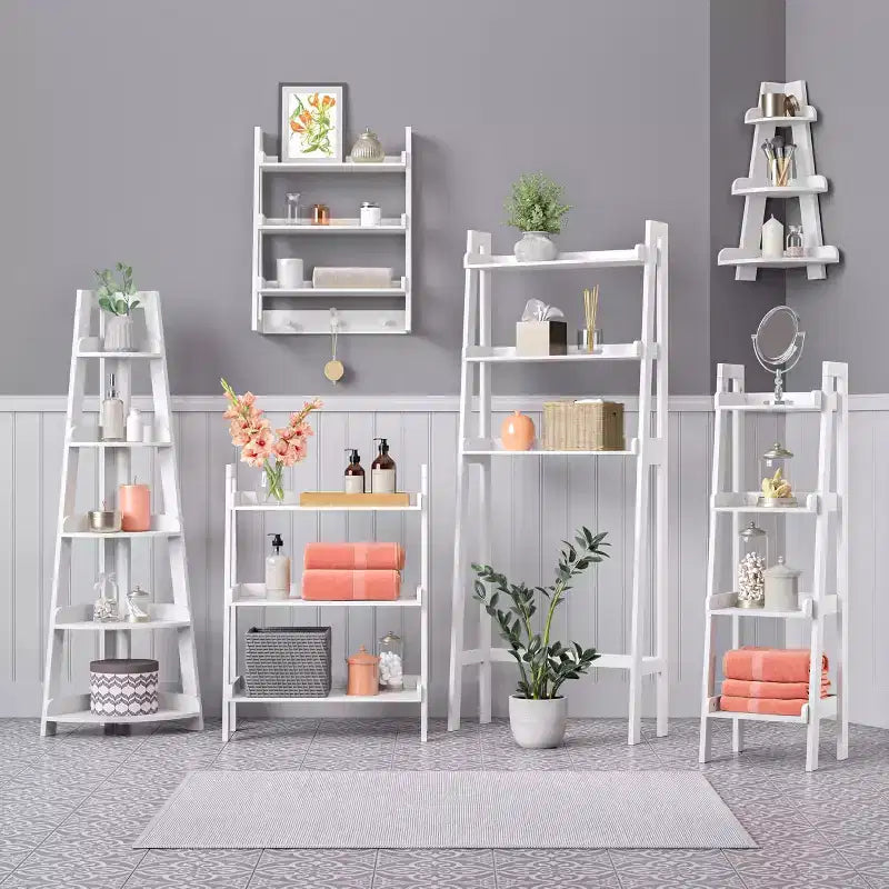 Étagère d'angle haute à 5 niveaux Amery avec étagère de présentation et rangement d'angle pour salle de bain, salon, bureau