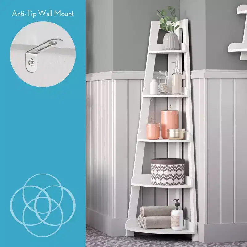 Étagère d'angle haute à 5 niveaux Amery avec étagère de présentation et rangement d'angle pour salle de bain, salon, bureau