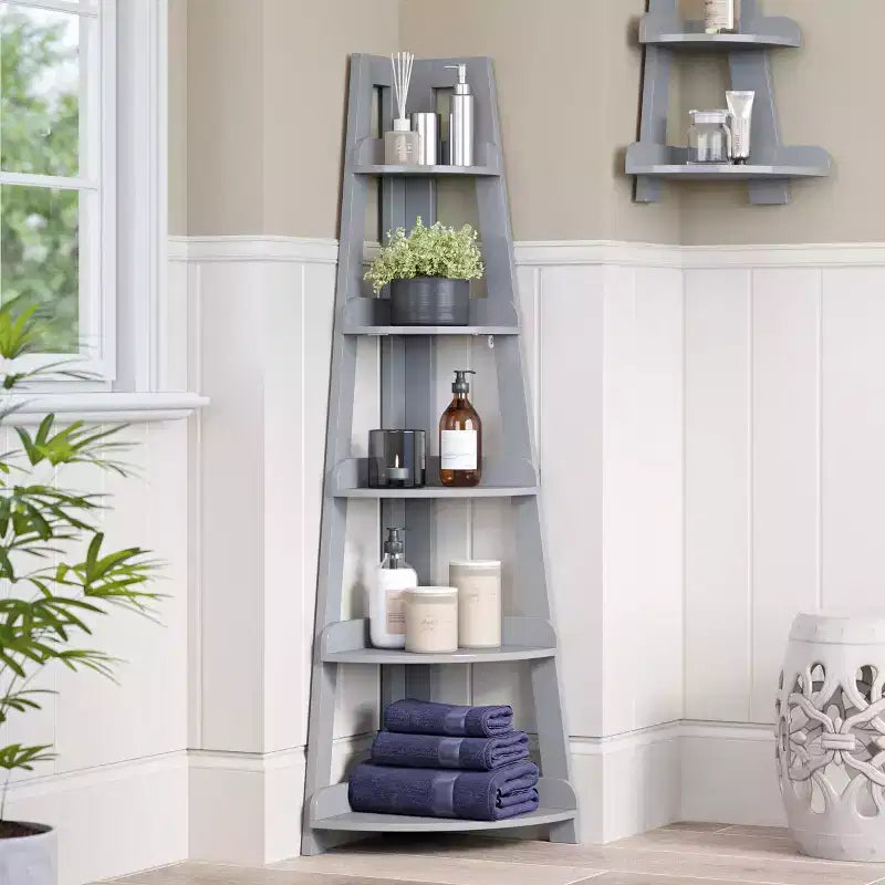 Étagère d'angle haute à 5 niveaux Amery avec étagère de présentation et rangement d'angle pour salle de bain, salon, bureau