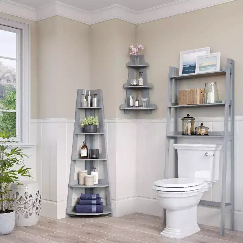 Étagère d'angle haute à 5 niveaux Amery avec étagère de présentation et rangement d'angle pour salle de bain, salon, bureau