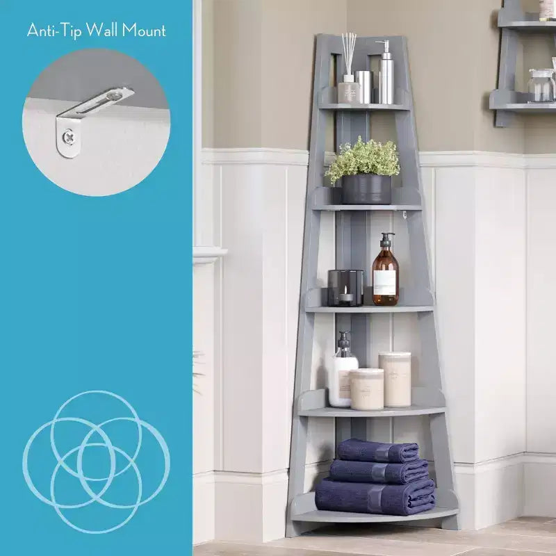Étagère d'angle haute à 5 niveaux Amery avec étagère de présentation et rangement d'angle pour salle de bain, salon, bureau